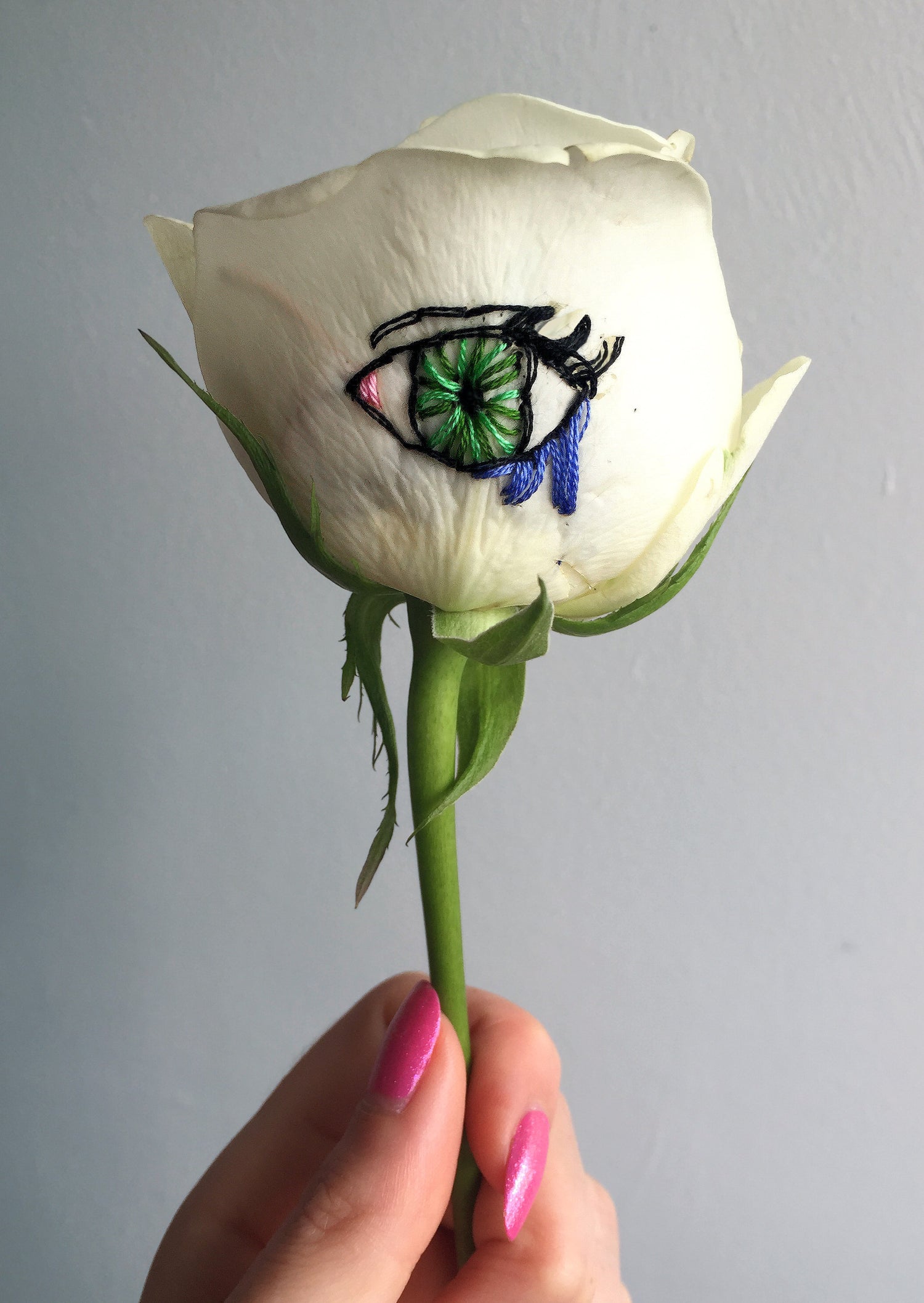 Hand embroidery on real roses